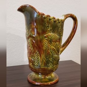 Vintage Mid-Century Modern Art Deco Ceramic Earthtone Green & Brown Fish Pitcher